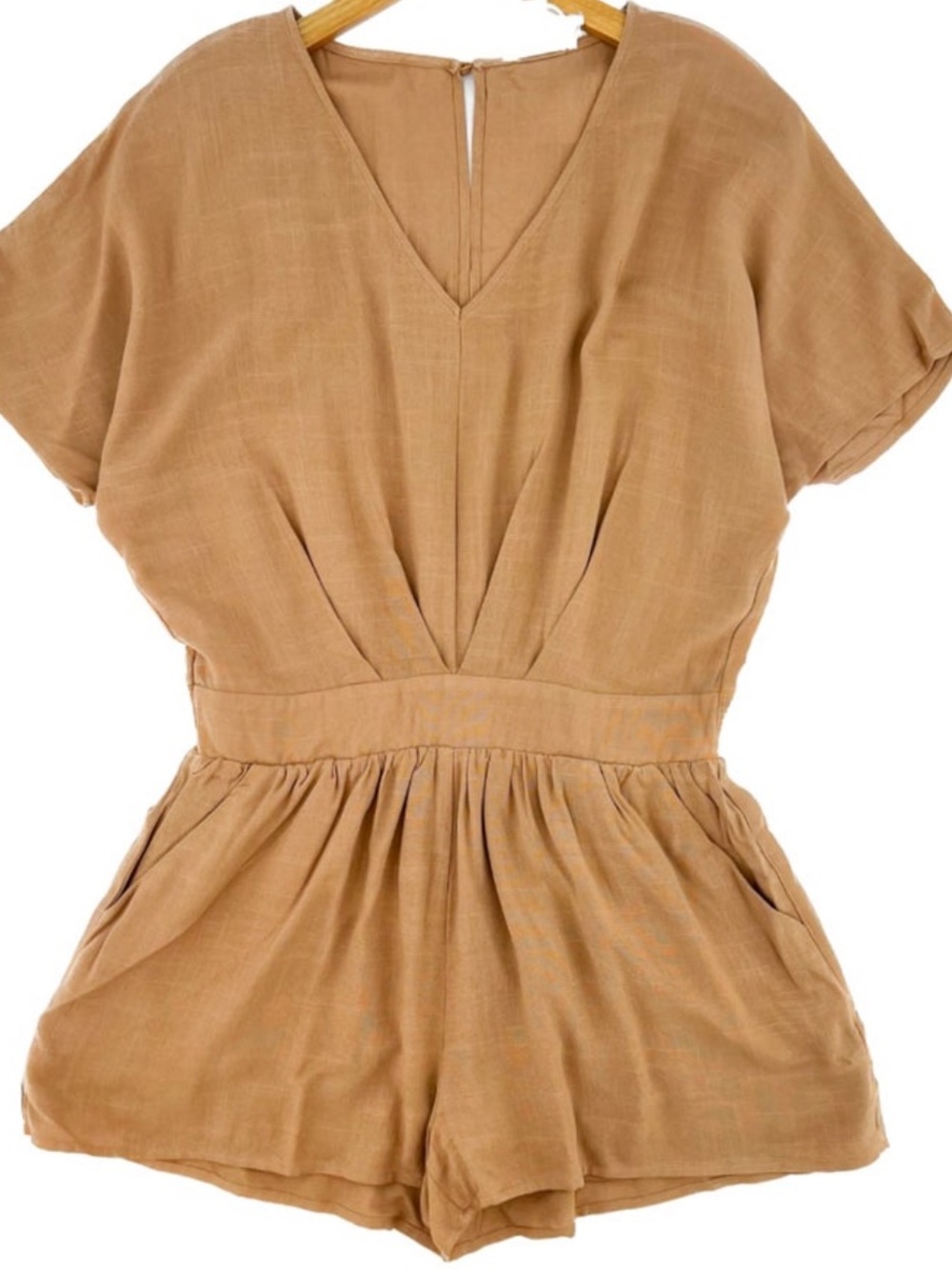 Women's Tan V-Neck Short Sleeve Romper
